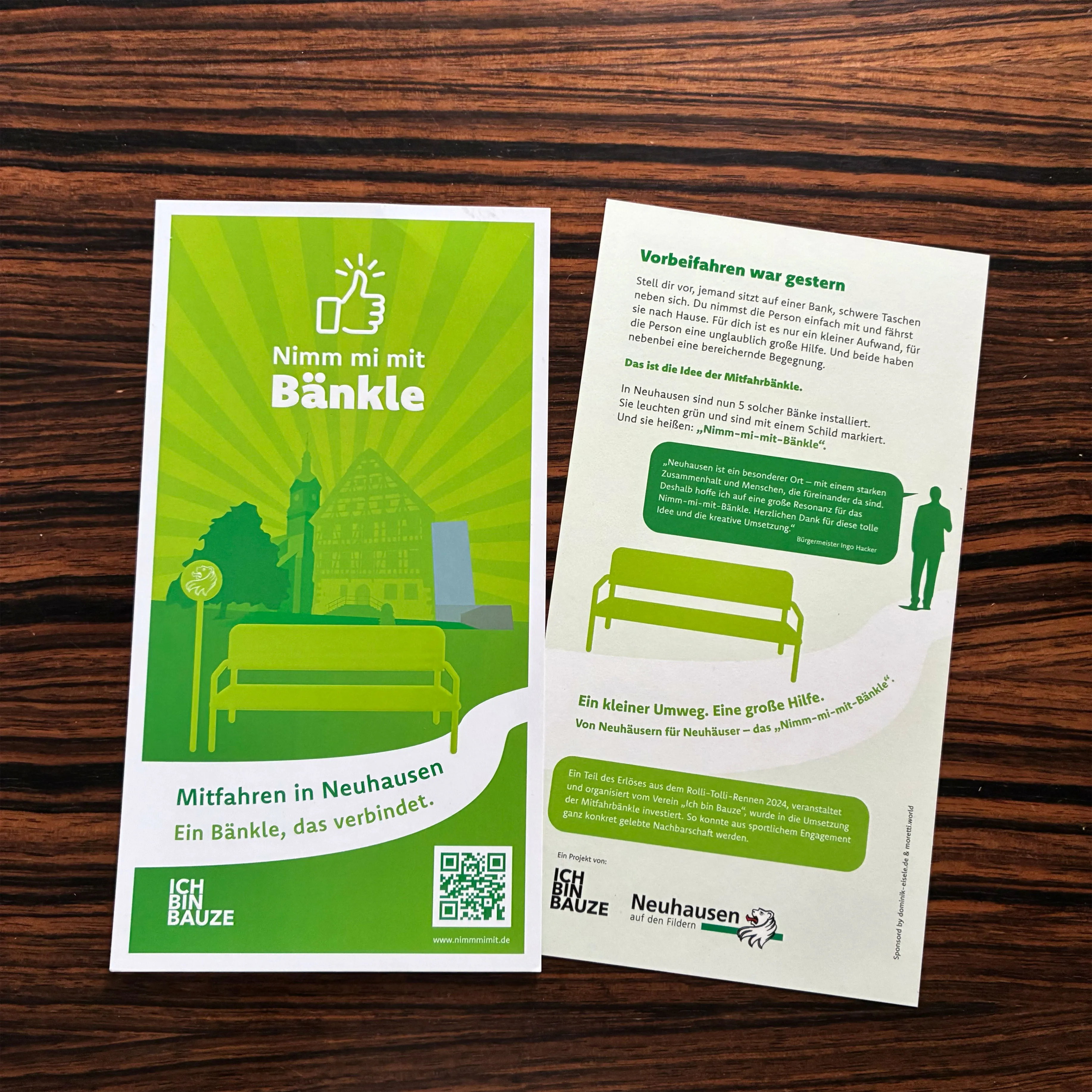 Gestalteter Informationsflyer der Mitfahrinitiative „Nimm mi mit Bänkle“ in Neuhausen auf den Fildern. Das Printmedium informiert über das Konzept der Mitfahrbänke und fördert nachbarschaftliche Mobilität im ländlichen Raum.